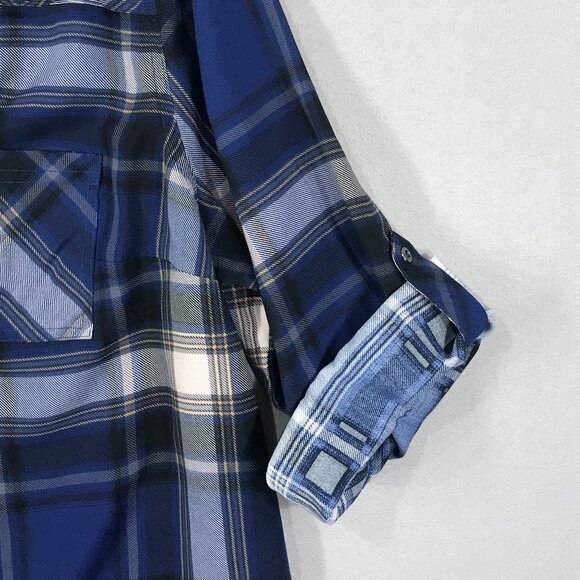 Torrid Harper Blouse Women's 2 Blue Plaid Pullover Tunic Top 3/4 Sleeve Roll Tab - Picture 9 of 15
